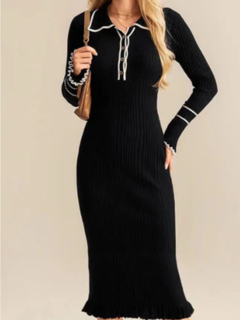 Grace Karin Black Knit Polo Midi Dress With White Trim